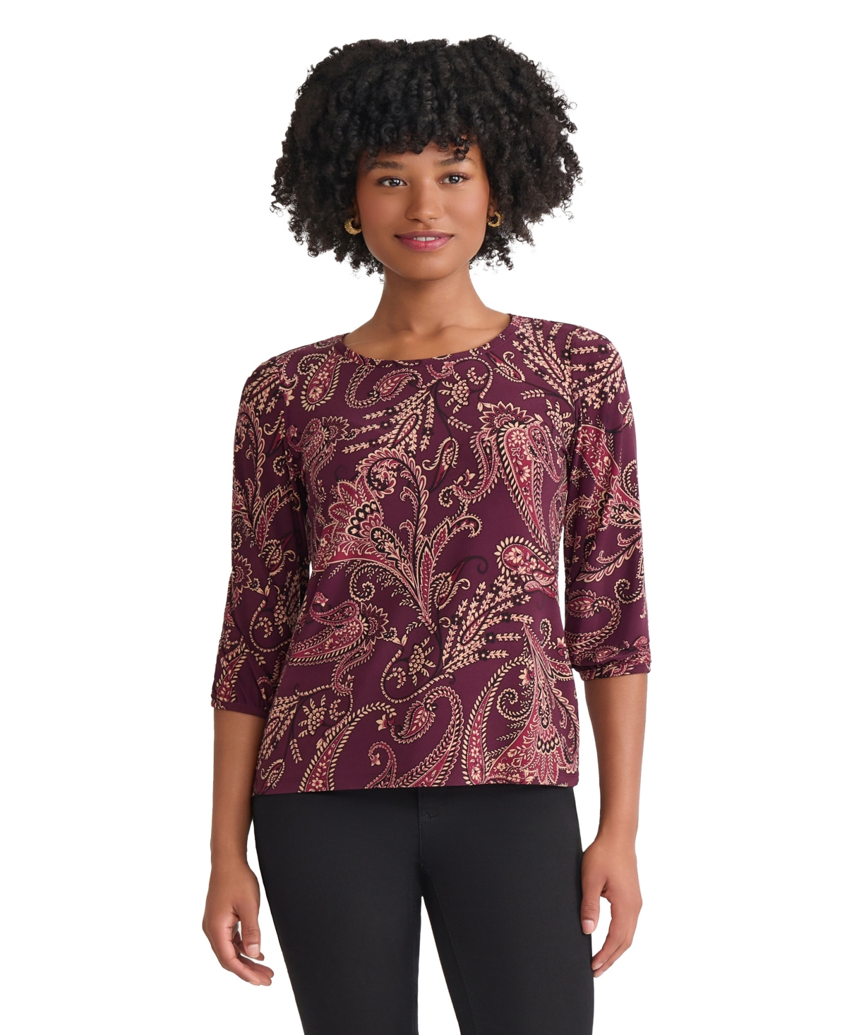 Jones New York Petite 3/4 Sleeve Crew Neck Top In Burgundy