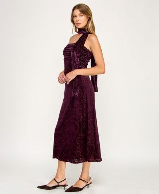 Juniors' Burnout Velvet Sleeveless Scarf Midi Dress