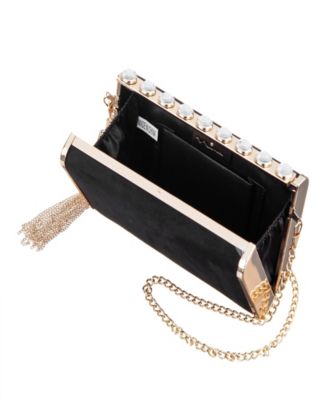 Crystal Ornamented Minaudiere Tassel Lift Lock Clutch