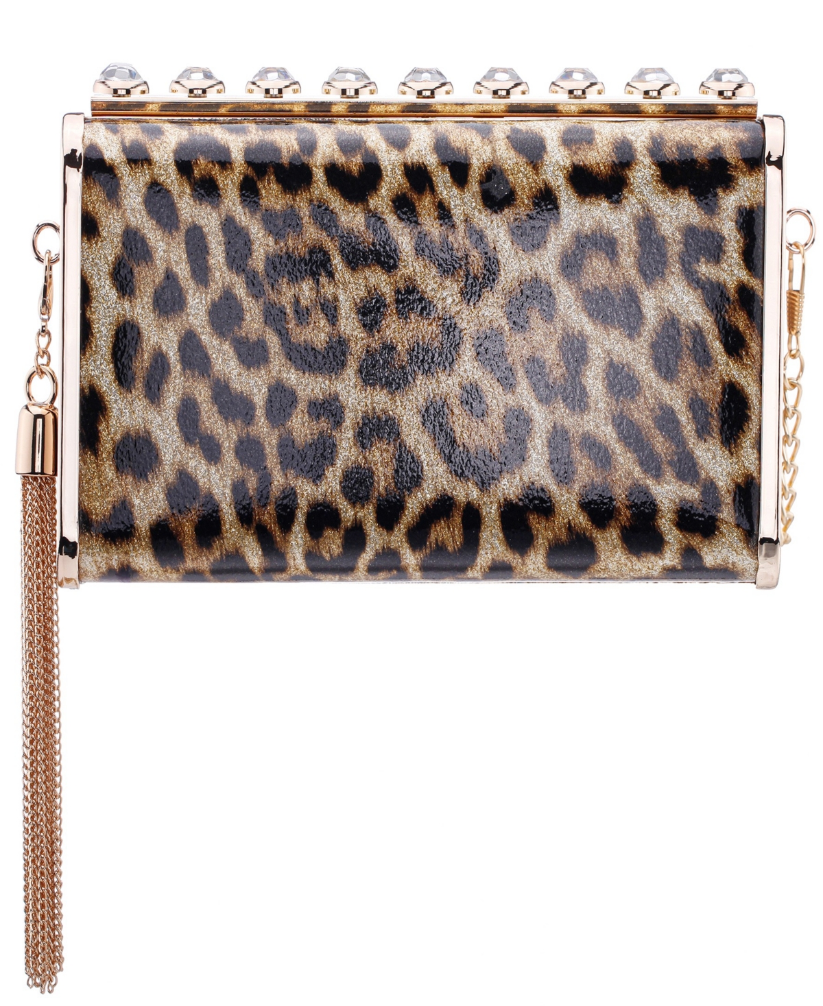 Nina Crystal Ornamented Minaudiere Tassel Lift Lock Clutch In Brown