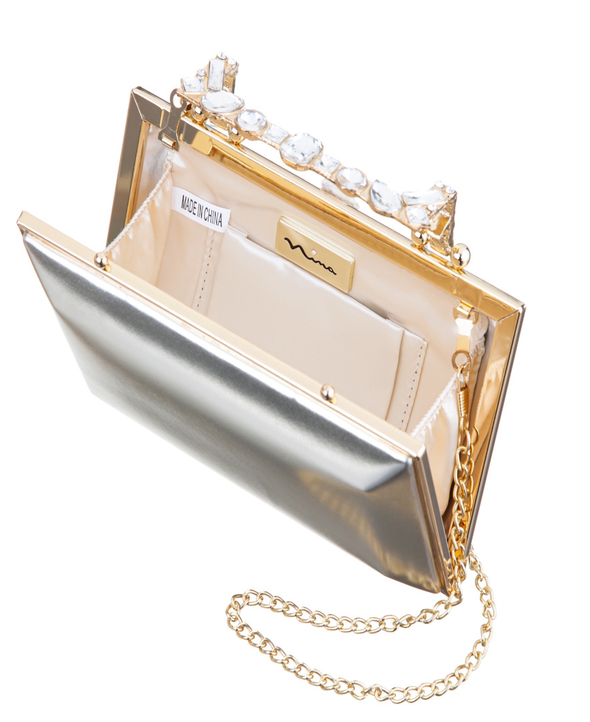 Nina Crystal Handle Lift Lock Clutch In Silver