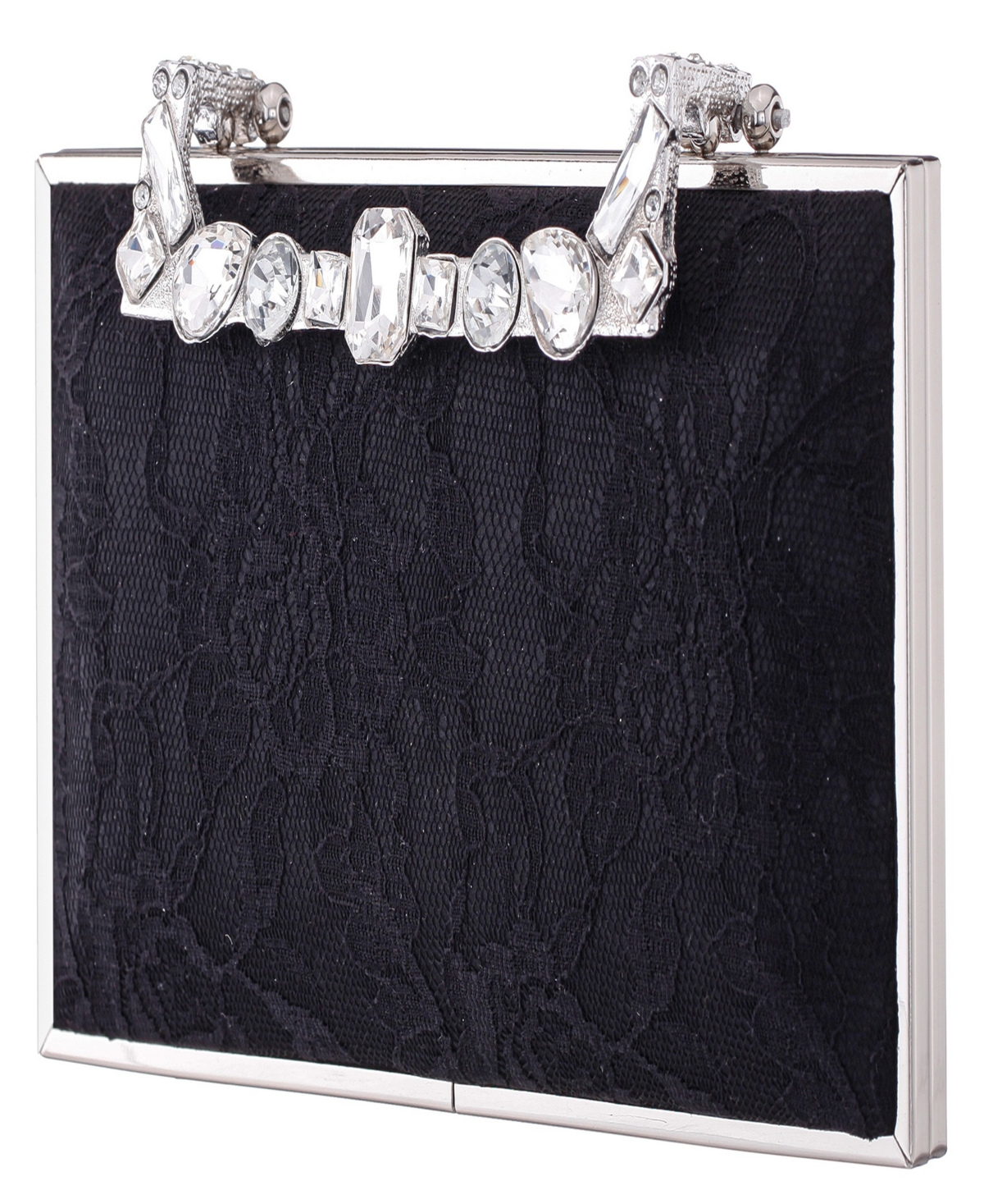 Nina Crystal Handle Lift Lock Lace Clutch In Black