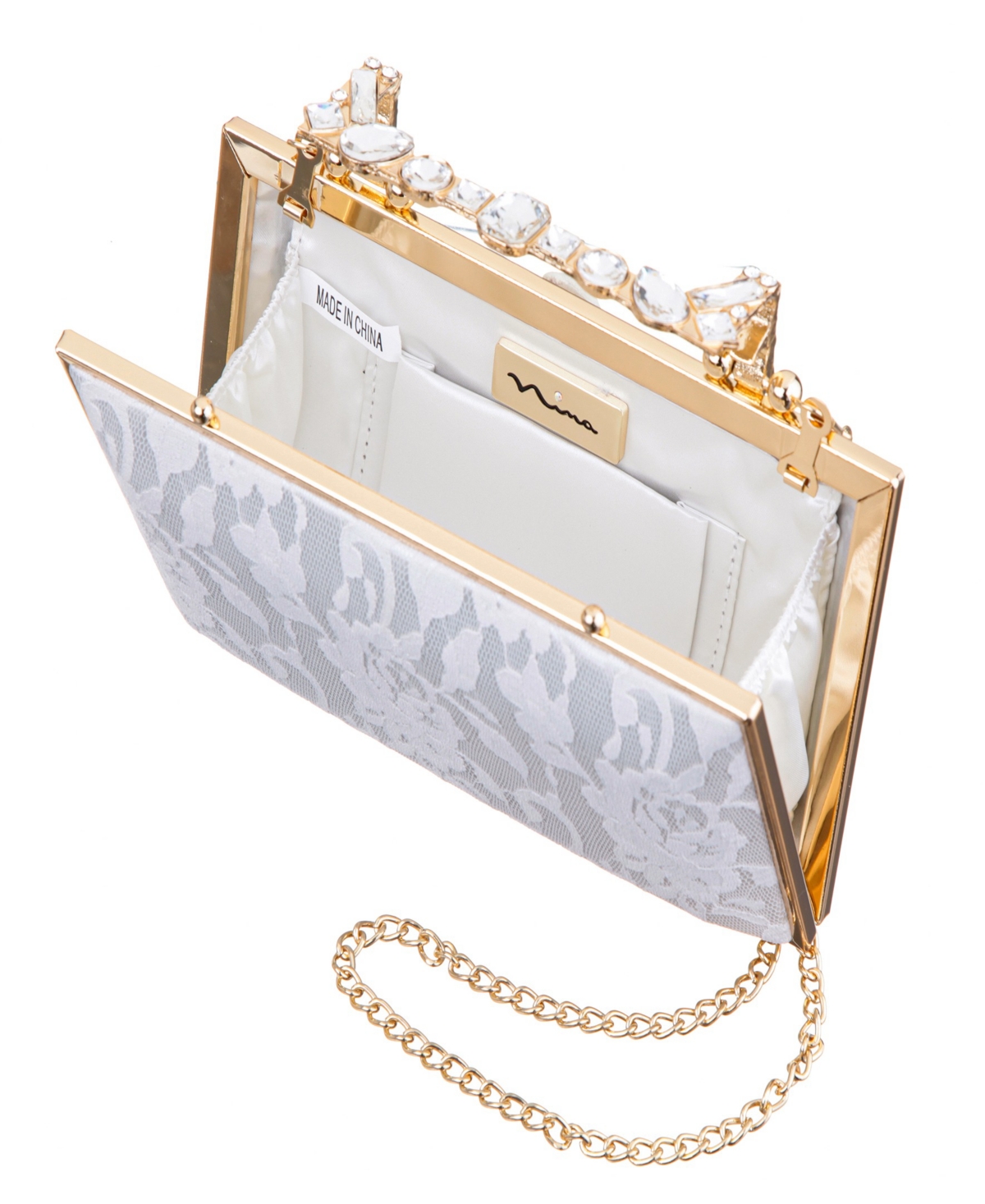 Nina Crystal Handle Lift Lock Lace Clutch In Silver