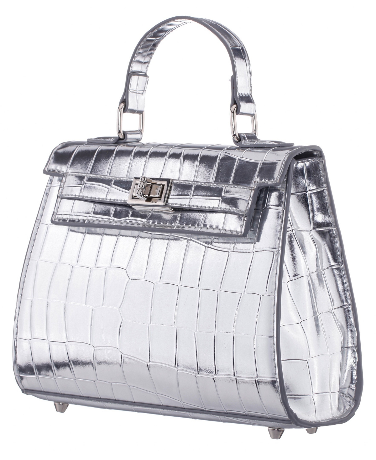 Nina Mini Croco Embossed Magnetic Snap Satchel Bag In Silver