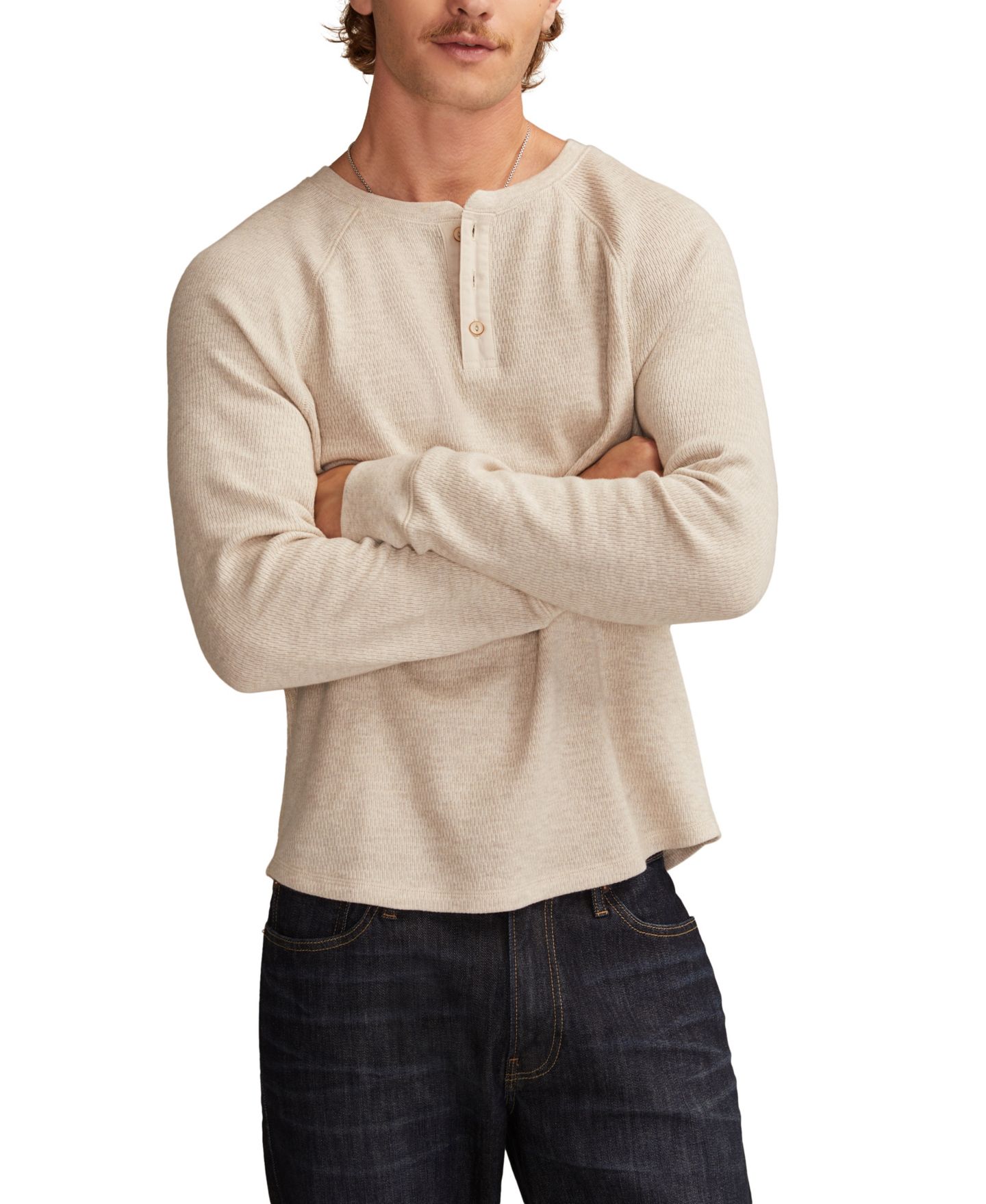 Мужская футболка Lucky Brand Birdseye Thermal Henley Long-Sleeve T-Shirt, цвет: Овсяный — фото 1