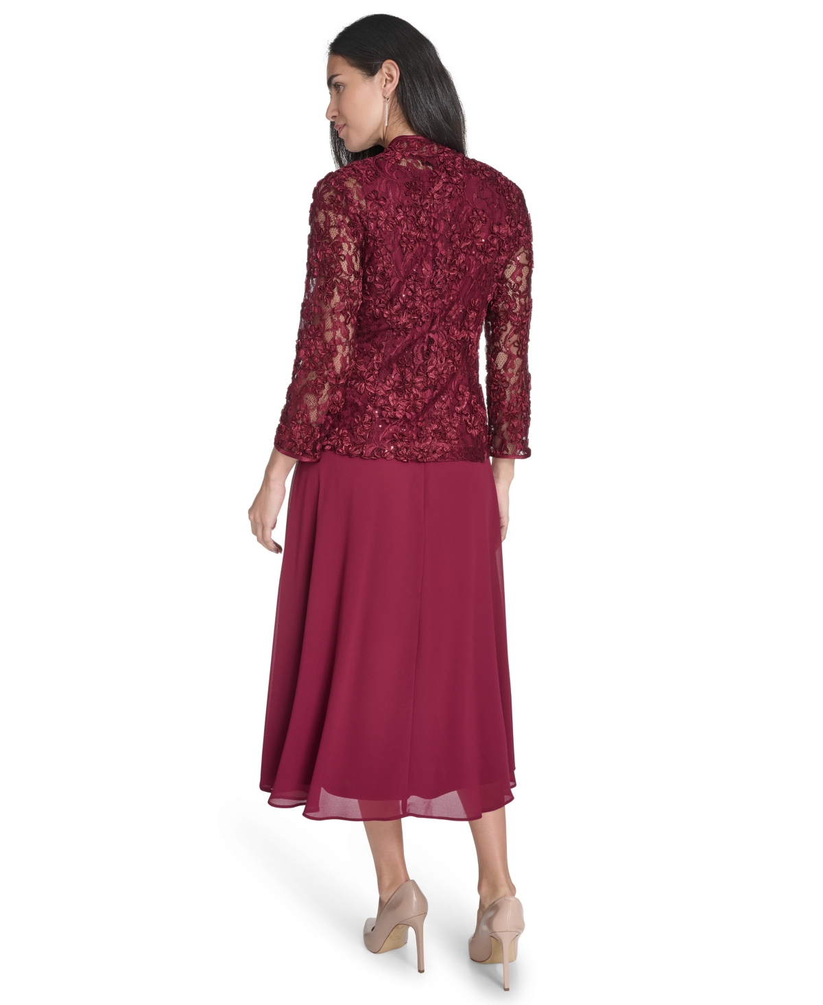 Jessica Howard Women's Soutache Jacket & Jewel-neck Midi Dress In Burgundy