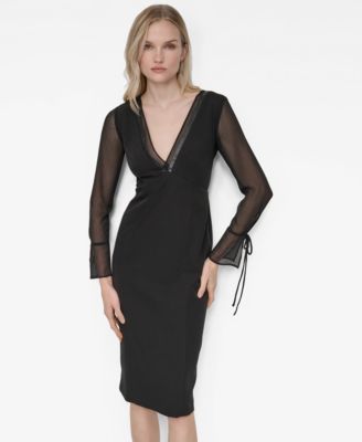 Women's Sheer Long Sleeve V-Neck Midi Dress