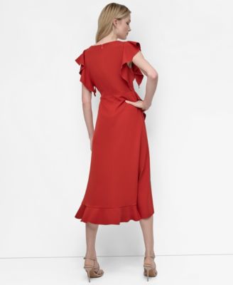 Women's Ruffle Sleeve V Neck Midi Dress