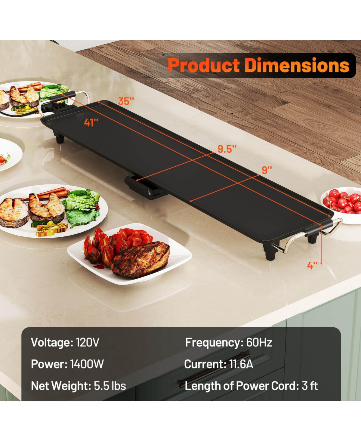 Costway 35" Extra Large Electric Griddle with 4-Level Thermostat Control and Removable Drip Tray