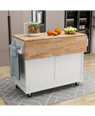 52" Rolling Kitchen Island with Drop Leaf, Sliding Barn Door & Adjustable Storage, Mobile Cart with Towel & Spice Rack-Maison Boucle