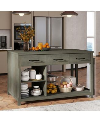 60" Extendable Kitchen Island with Power Outlets, Pull-Out Table & Drawers, Rolling Retro Kitchen Cart with USB Ports-
