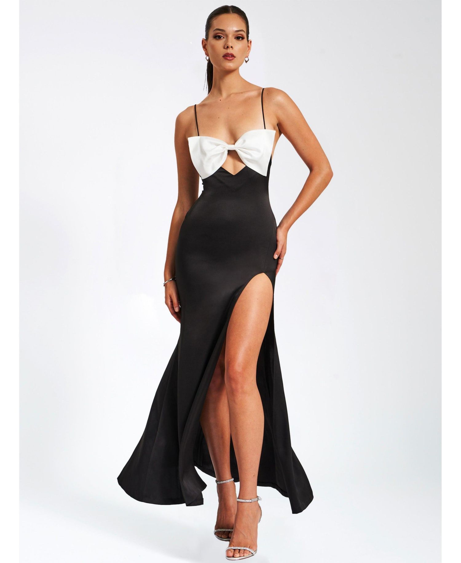 Women Eleanor Black and White Bow Satin Gown