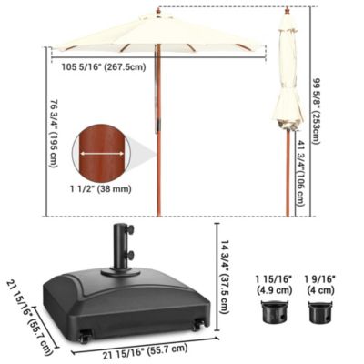 9ft Solid Wood Outdoor Patio Umbrella with Base Included Parasol Wheels Stand for Bistro Market Garden Deck Yard Poolside Ivory