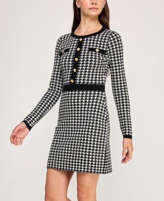 Juniors Houndstooth Fitted Sweater Dress