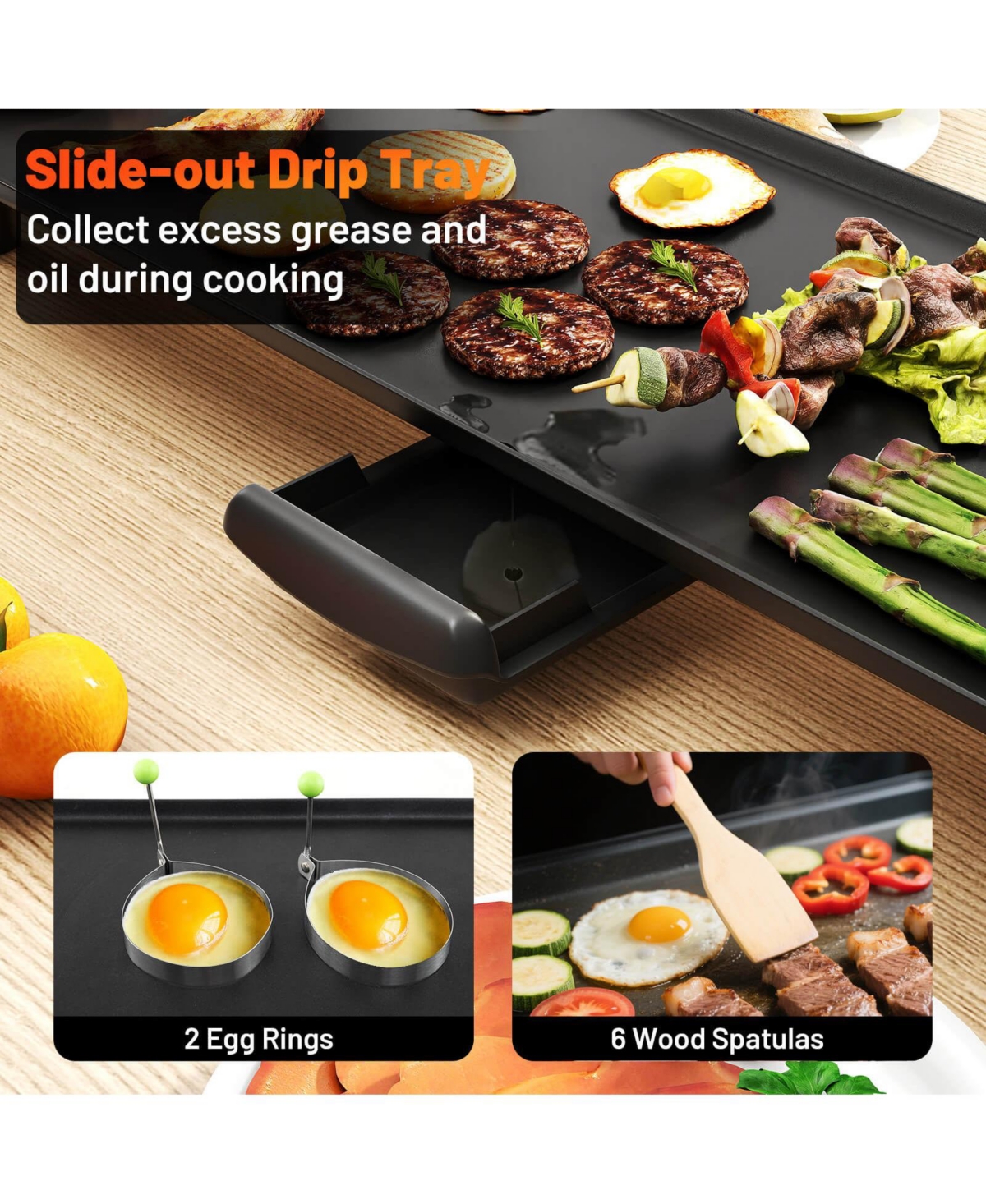 27" Large Electric Griddle with with 4-Level Thermostat Control and Removable Drip Tray