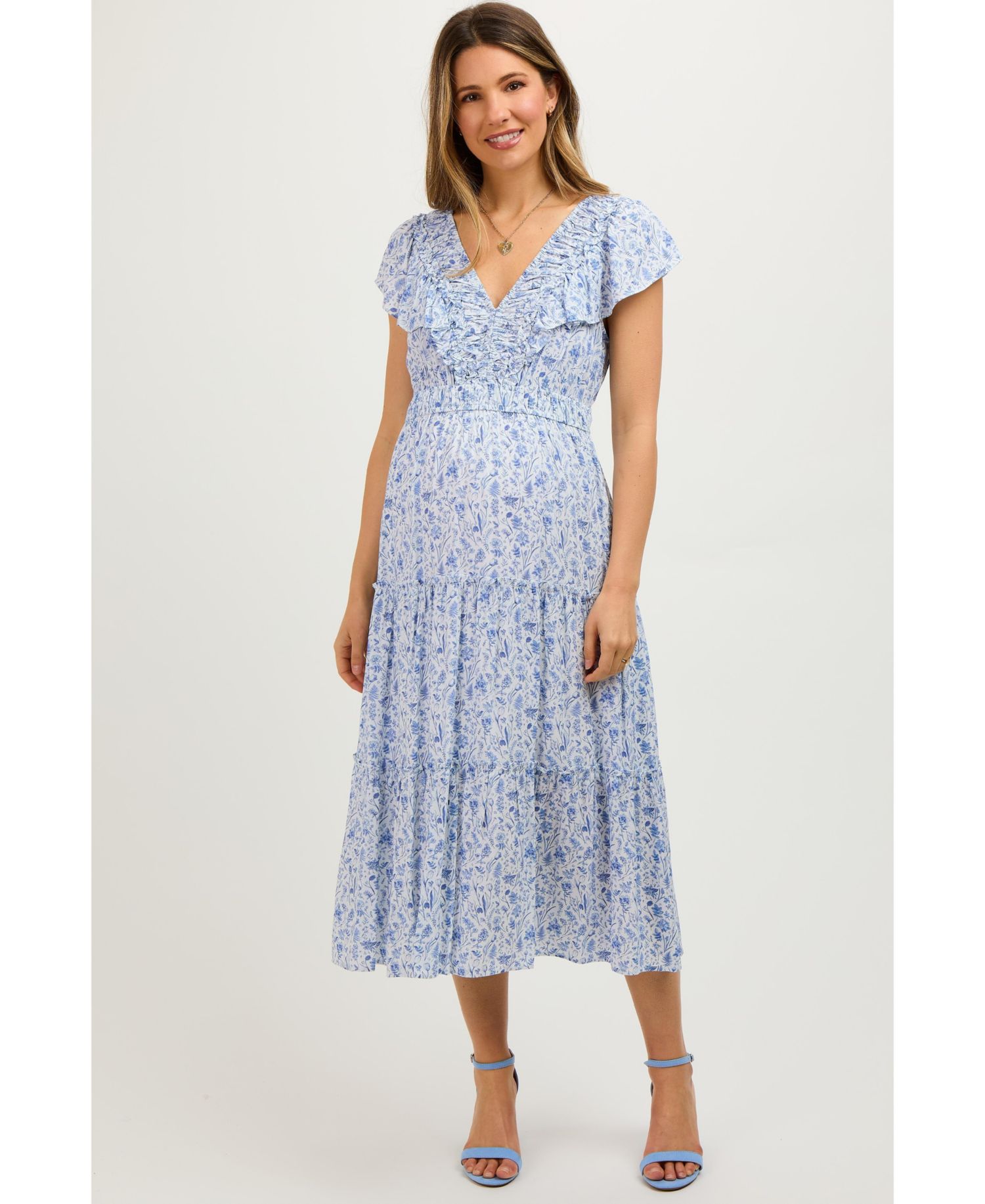 Women's Blue Floral Front Ruched Ruffle Shoulder Tiered Midi Dress