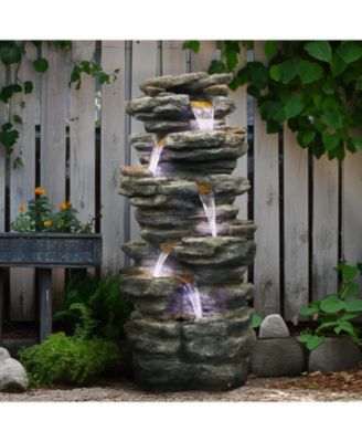 40" High 6-Tiers Cascading Rock Outdoor Water Fountain with LED Lights - Large Outdoor Fountains and Waterfalls for Garden or Patio, Yard, and Deck Decor, Featuring Natural Stone Look