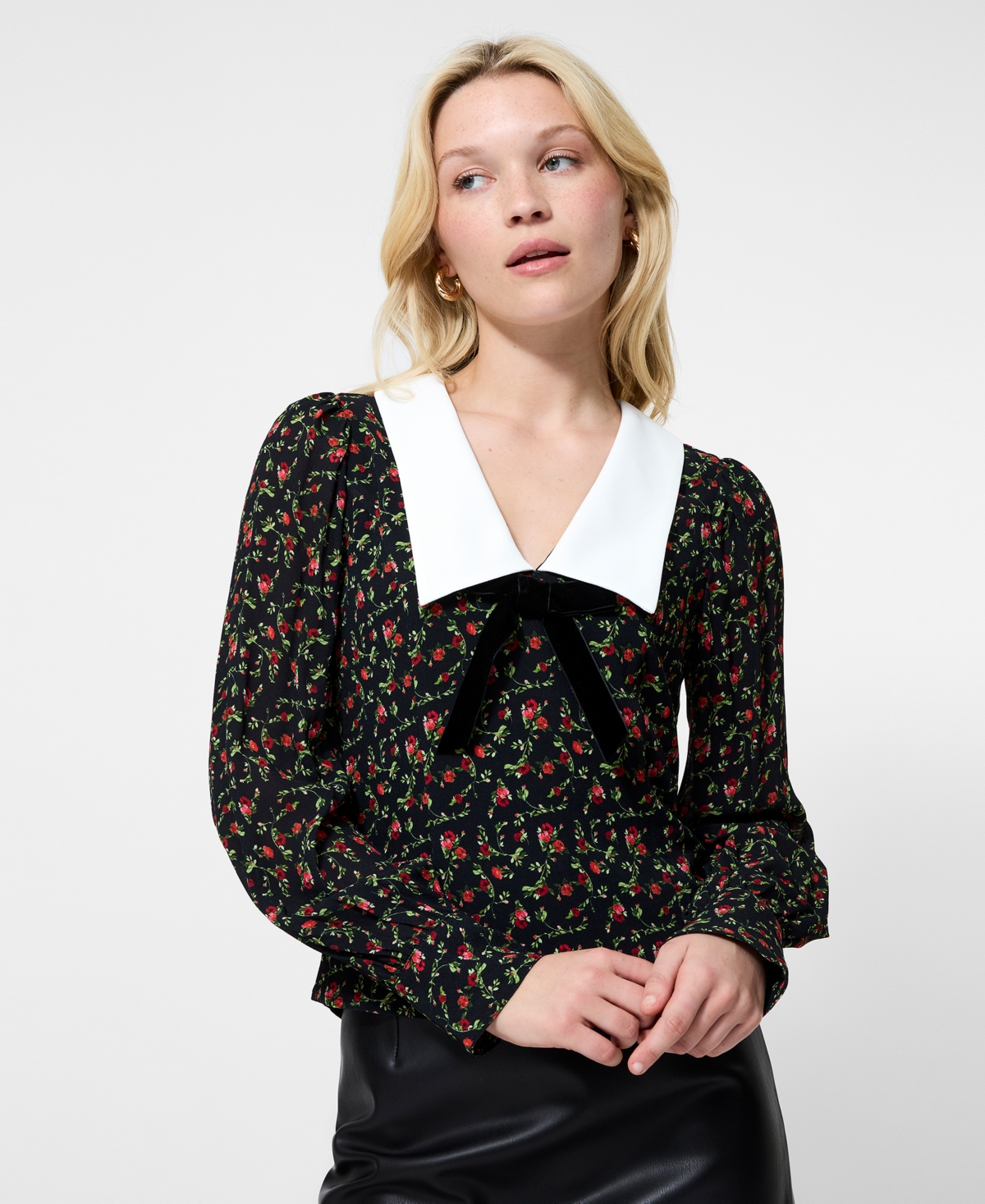 French Connection Yasmin Floral Collared Long Sleeve Top In Black