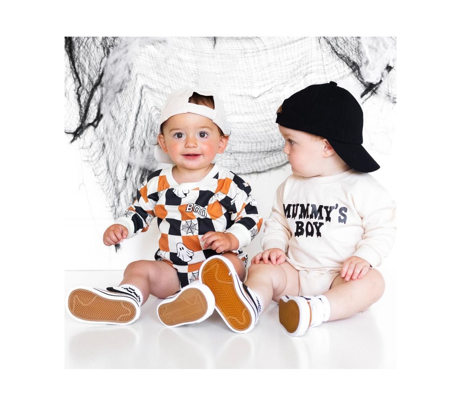 Baby Boys Boo Checkered Halloween Long Sleeve Romper