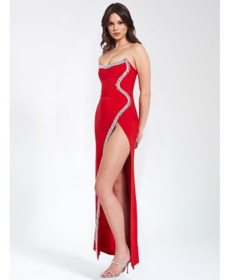 Women's Xoana Red Crystal Embellished High Slit Gown