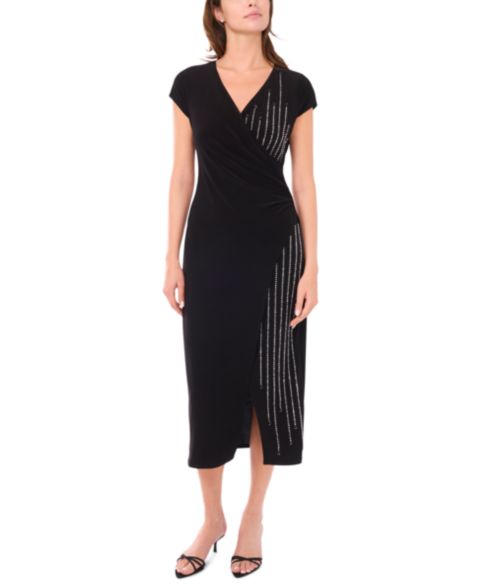 Женское платье MSK Short Sleeve Surplice and Beaded Front Midi, цвет: Чёрный