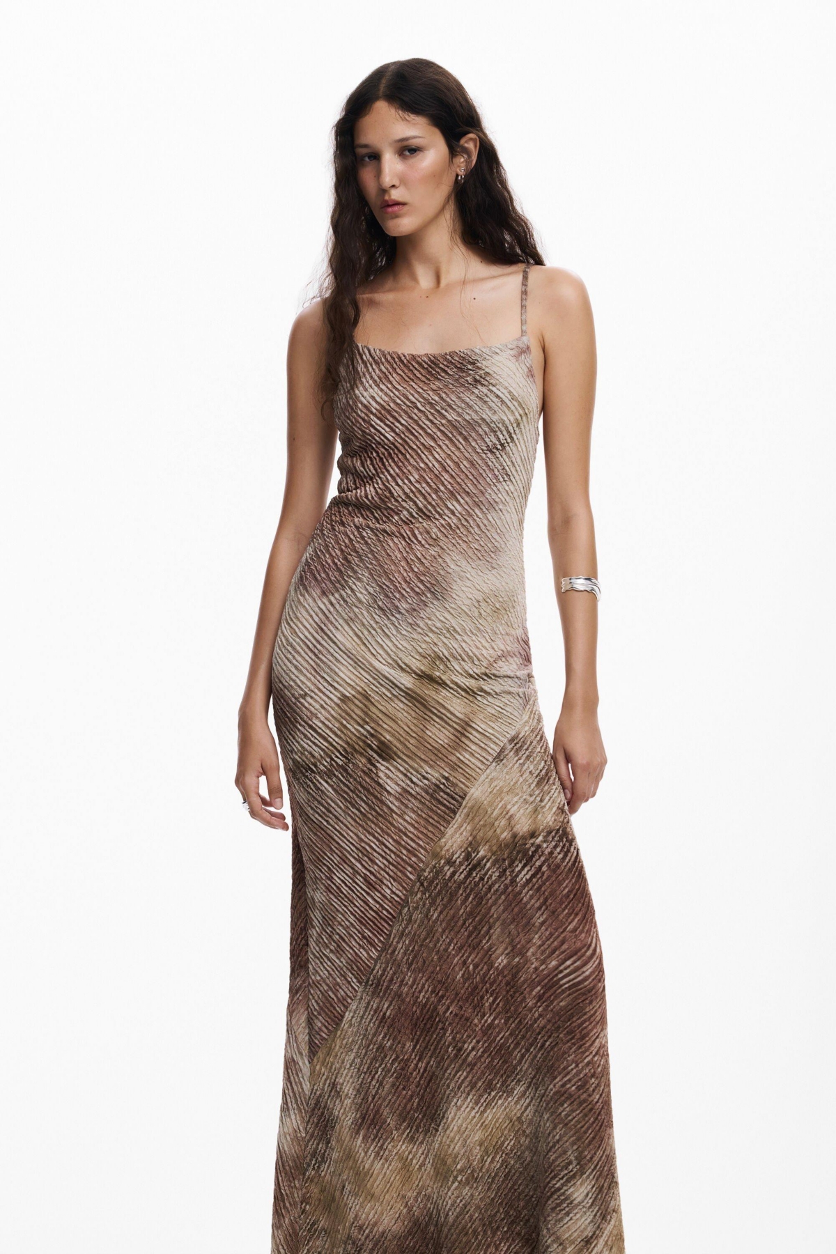 Desigual Cowl Neck Ribbed Maxi Dress In Brown