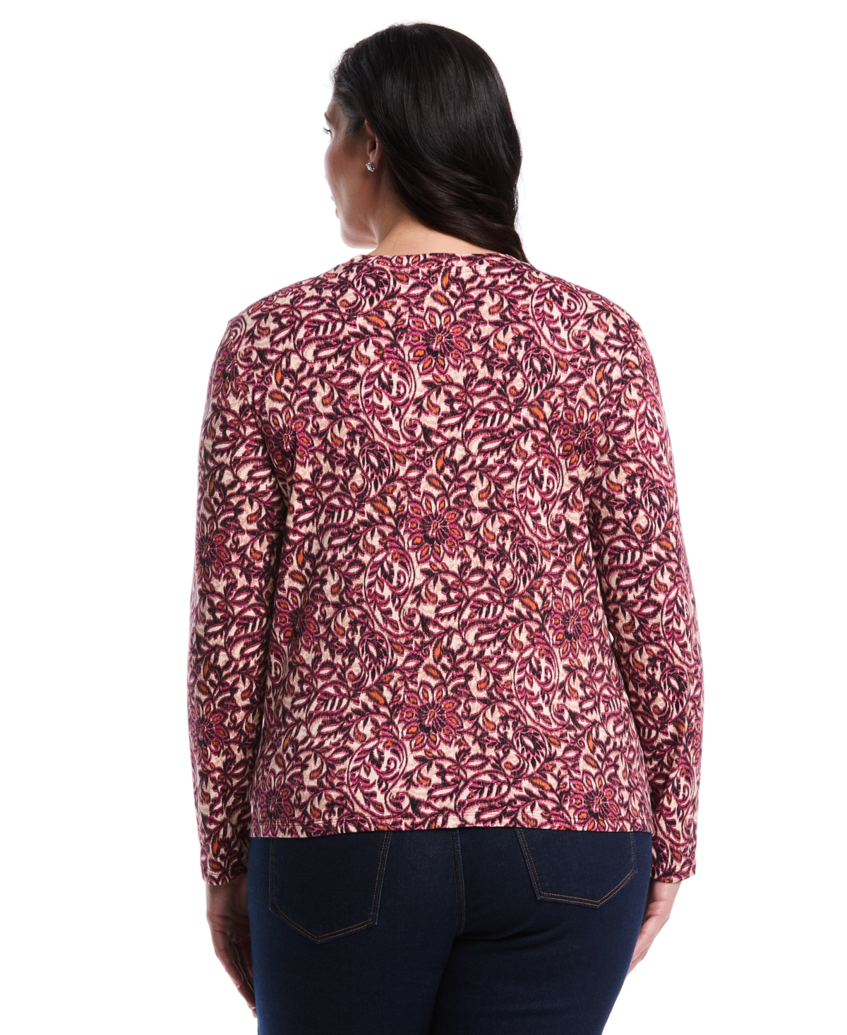 Rafaella Plus Size Elegant Print Laced Crew Neck Long Sleeve Top In Purple