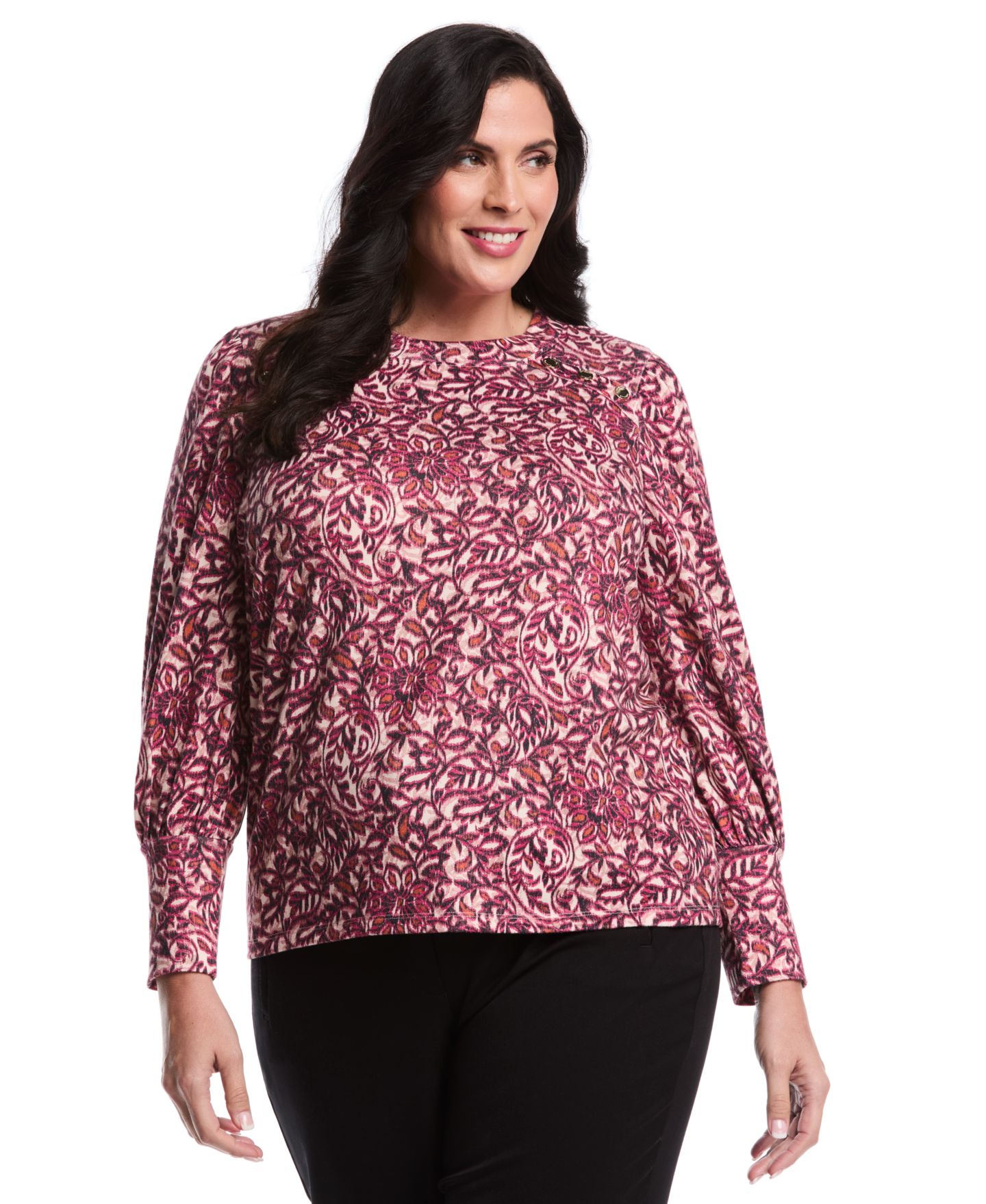 Женский топ Rafaella Plus Size Paisley Print Puff Long Sleeve Crew Neck, цвет: Фиолетовый — фото 1
