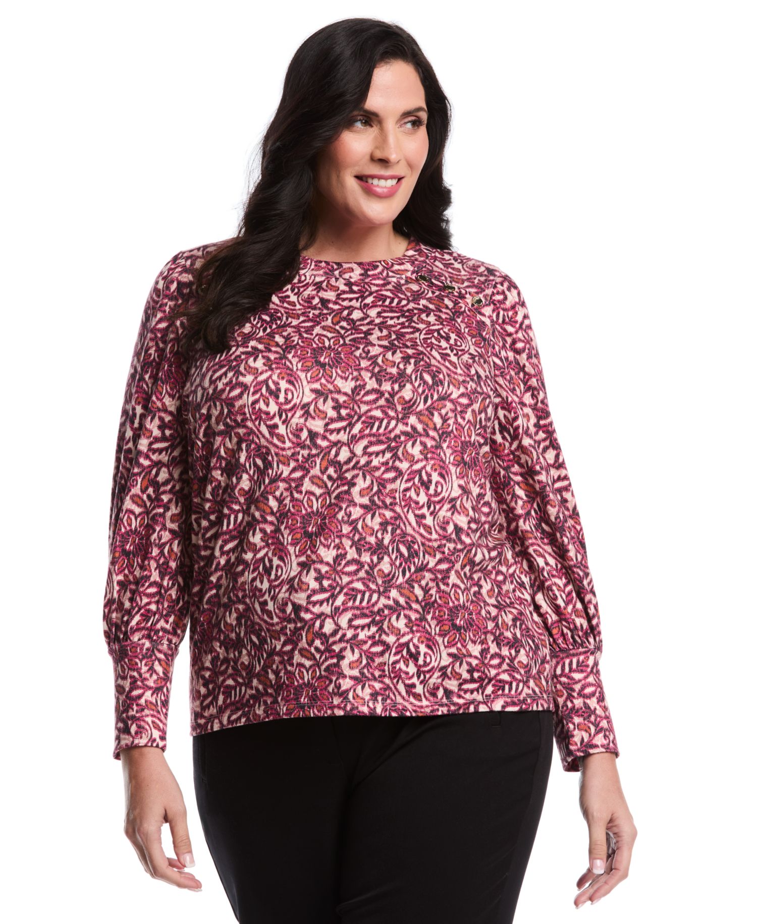 Plus Size Paisley Print Puff Long Sleeve Crew Neck Top