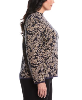 Plus Size Paisley Print Mock Neck Long Sleeve Sweater