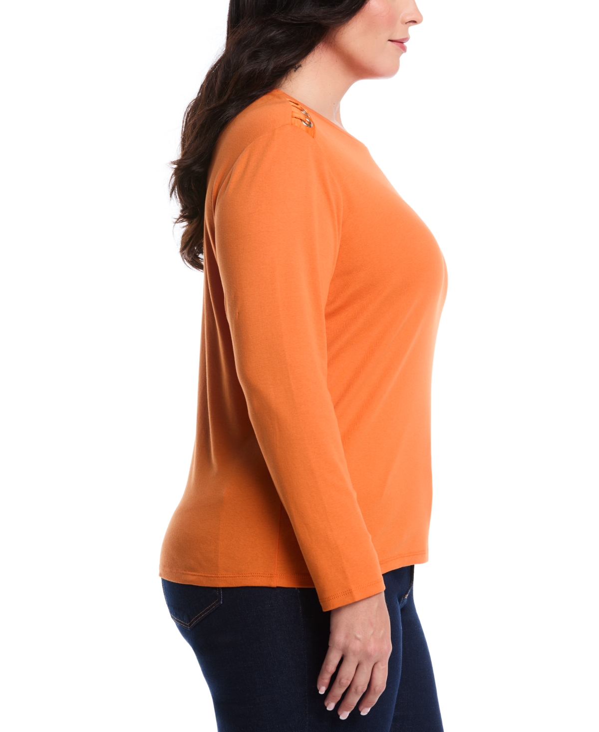 Rafaella Plus Size Laced Crew Neck Long Sleeve Top In Brown