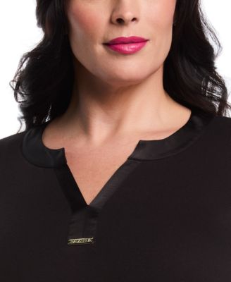 Plus Size Woven Trim Split V-Neck Long Sleeve Top