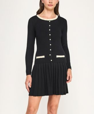 Juniors' Pearl Boucle Trim Pleated Fit & Flare Sweater Dress