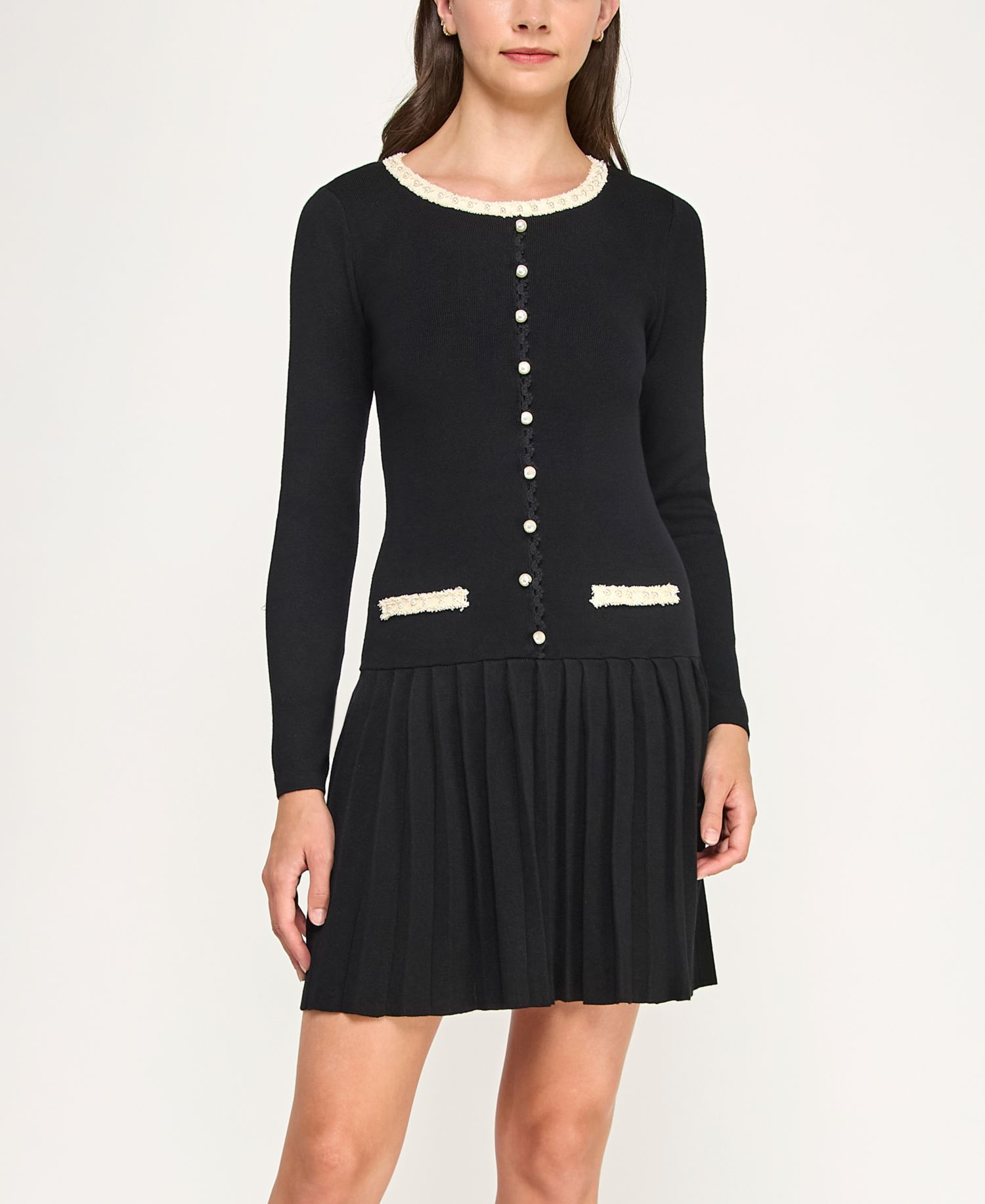 Juniors' Pearl Boucle Trim Pleated Fit & Flare Sweater Dress