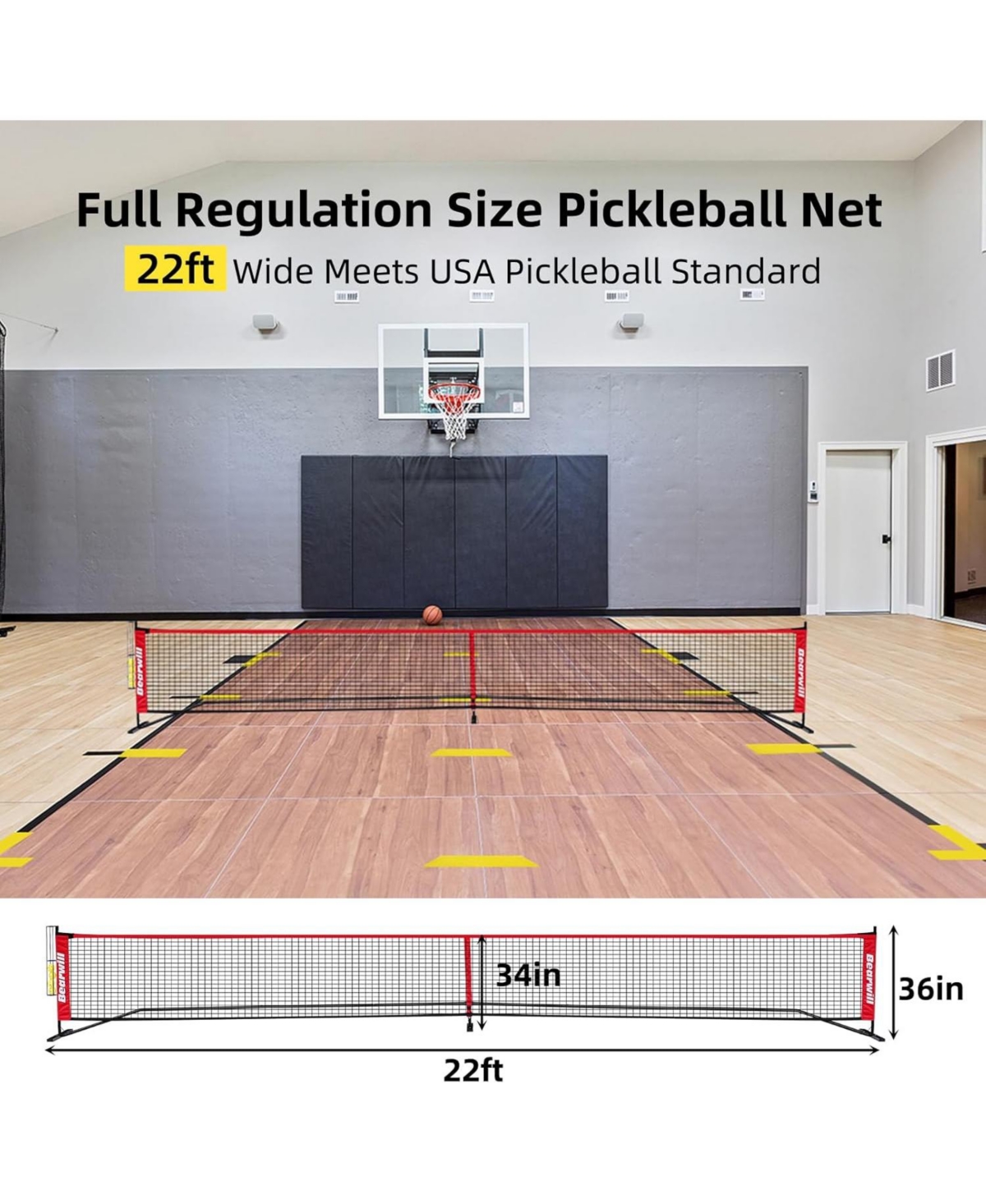 Bearwill Regulation 22FT Pickleball Net Set, Portable Outdoor Net System with Metal Frame & Court Lines - Includes 4 Balls, Holder, Carry Bag