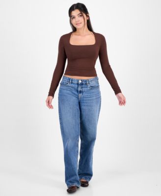 Juniors' Square-Neck Long-Sleeve Knit Top