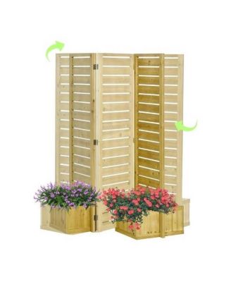3-Panel Fir Wood Outdoor Privacy Screen with 4 Garden Bed Planters for Patio
