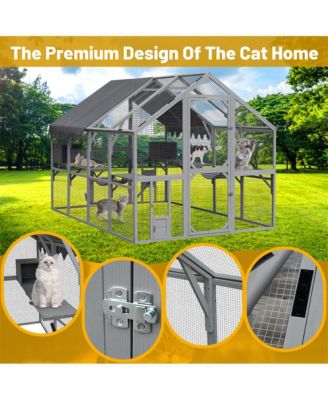 110 in. Outdoor Cat House Cat Enclosures with Platforms Upgrade Waterproof Cover in Gray