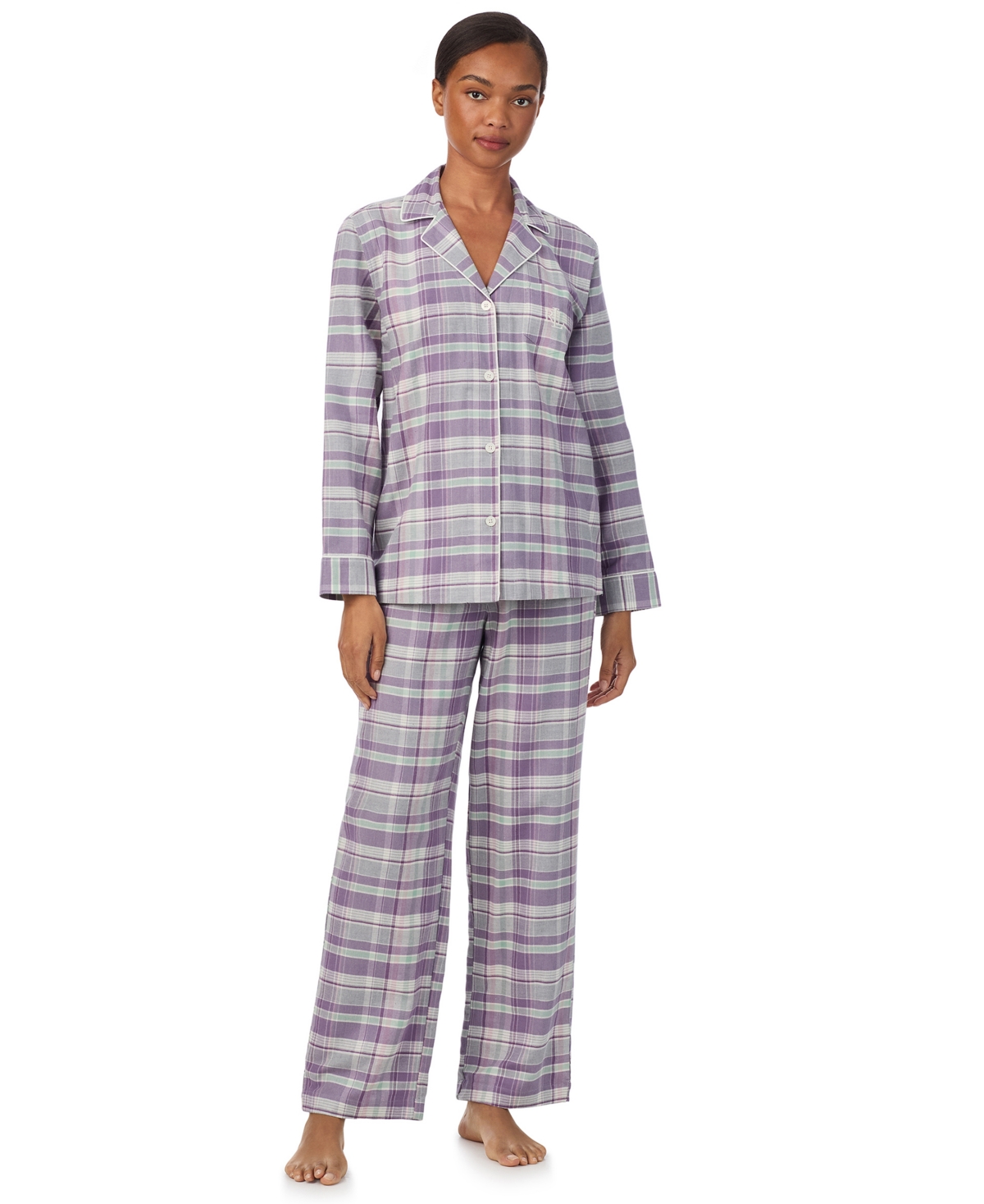 Ralph Lauren Petite 2 Piece Long Sleeves Top And Pants Pajama Set In Purple