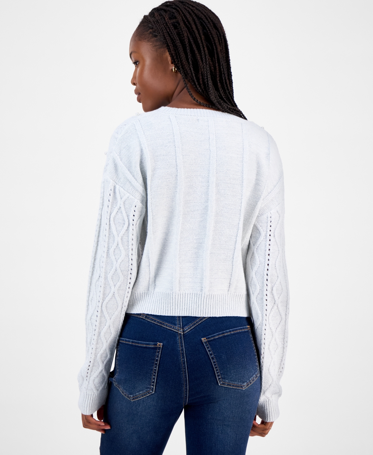 Madden Girl Juniors' Cable-knit Faux-pearl Crewneck Sweater In White