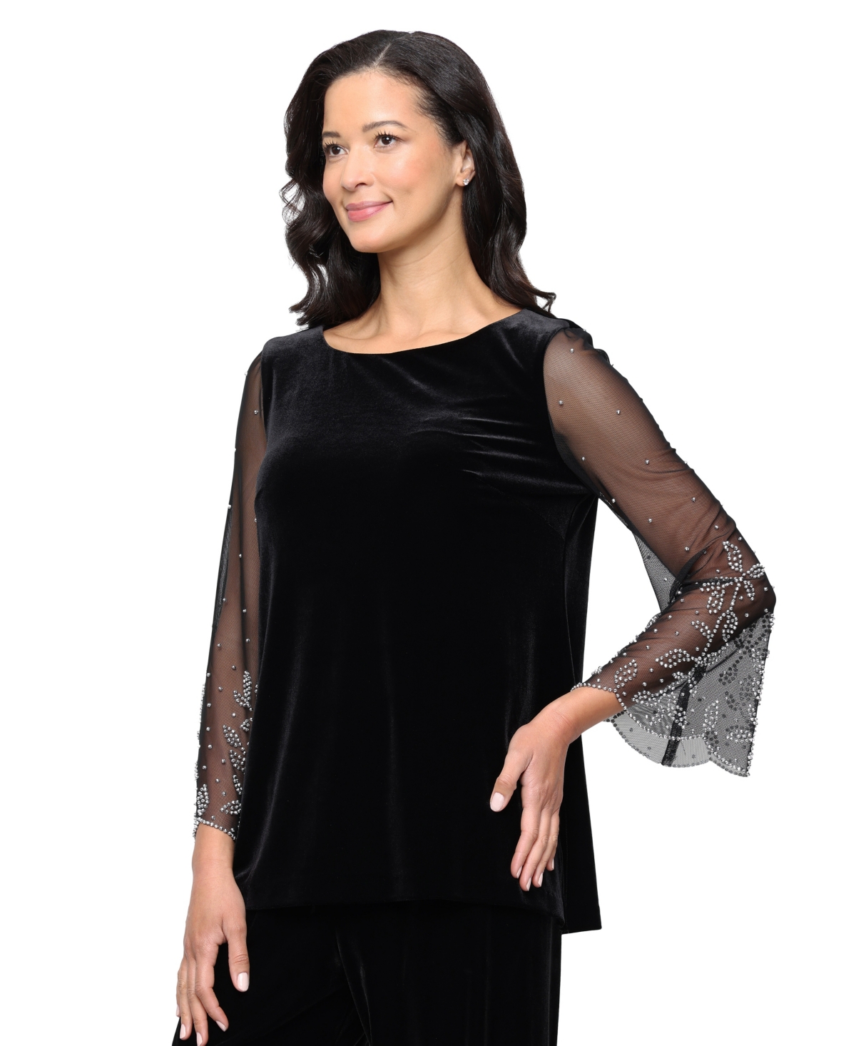 Alex Evenings Sheer Rhinestone Sleeve Velvet Blouse In Black