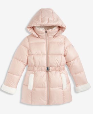Girls 7-16 Belted Stadium Puffer Jacket With Faux-Fur Trim