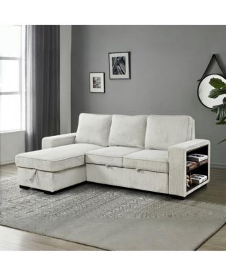 Modern Pull-Out Sofa Bed with Storage Chaise, USB Charging & Bookshelf Arm, Sleeper Sectional Couch for Small Spaces