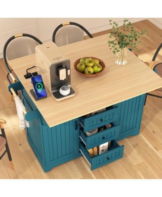55.7" Rolling Kitchen Island with Dual Drop Leaves, Power Outlet, Storage Drawers & Cabinets
