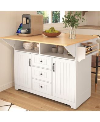 55.7" Rolling Kitchen Island with Dual Drop Leaves, Power Outlet, Storage Drawers & Cabinets