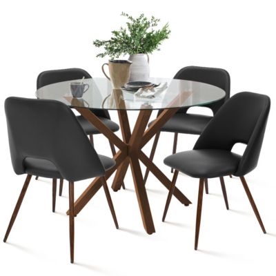 5-Piece Dining Set with 39.4 Inch Round Glass Table & 4 PU Leather Chairs, Modern Kitchen & Dining Room Furniture-Maison Boucle