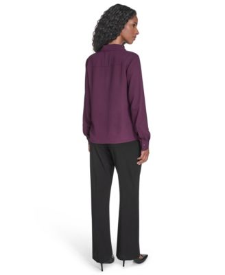 Petite Solid Long Sleeve Ruffle Front Blouse