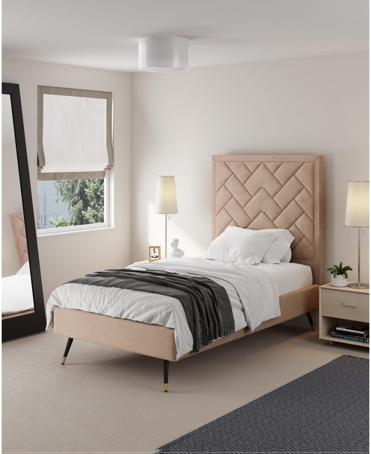 Manhattan Comfort Crosby Modern Twin-size Velvet Upholstered Bedframe And Headboard In Brown