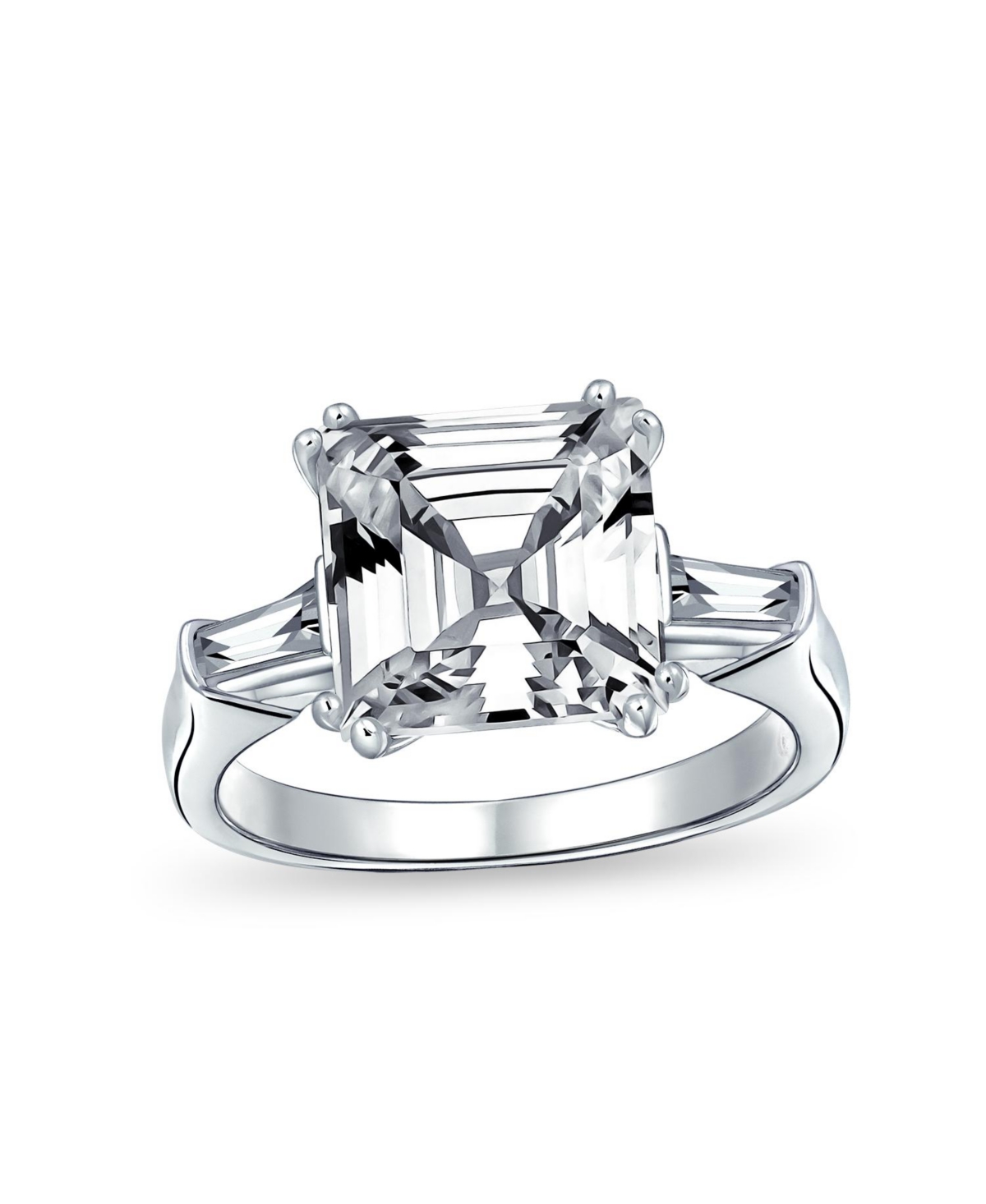 Bling Jewelry 5CT Princess Cubic Zirconia Asscher Cut Solitaire Promise Statement Ring Cz Baguette Side Stones Thin Band Sterling Silver