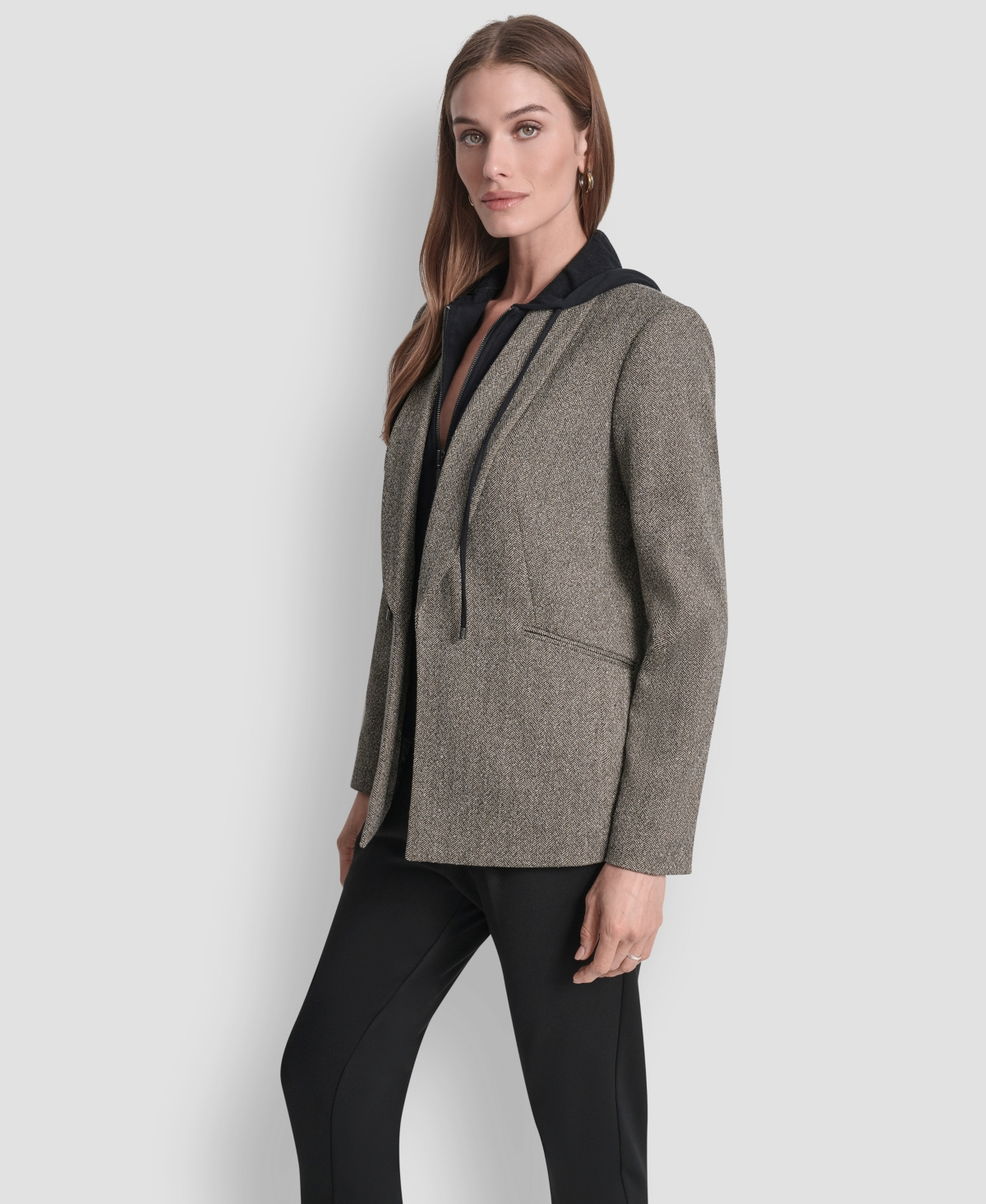 Dkny Petite Herringbone Pattern Fleece Hood Blazer In Animal Print